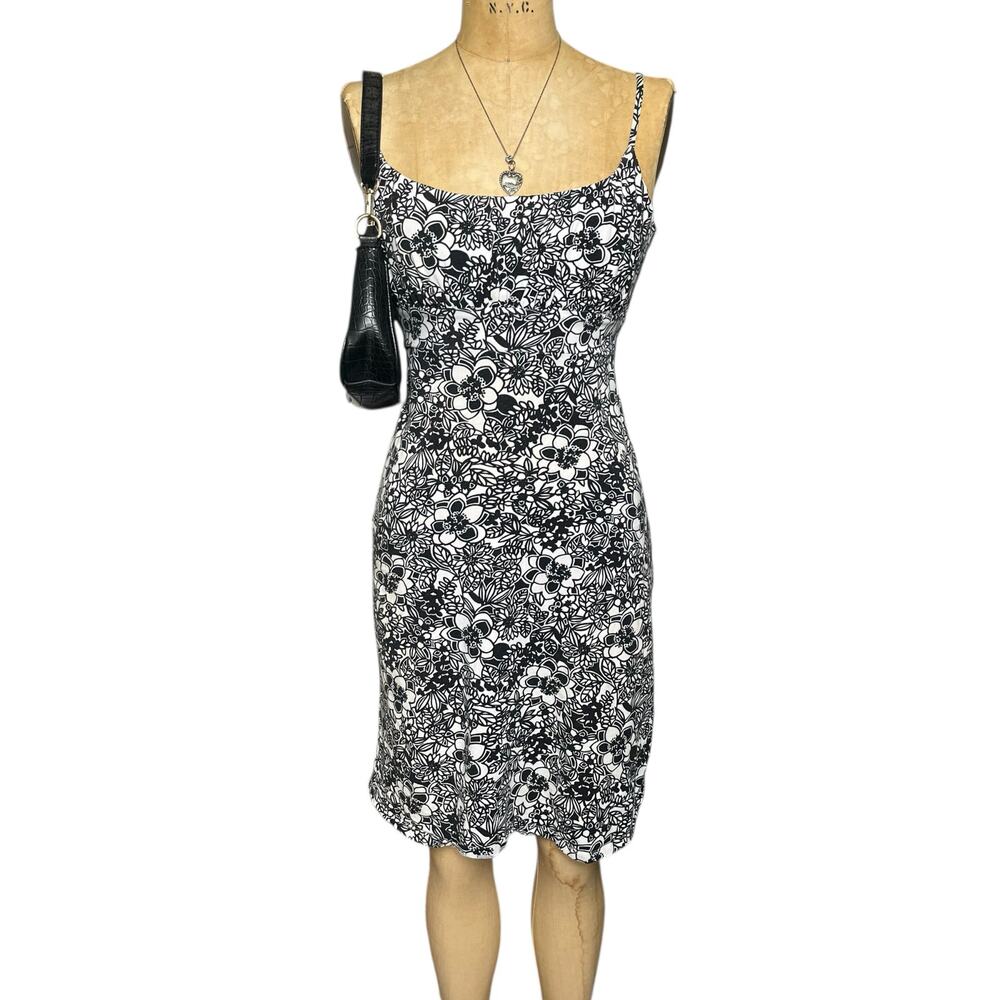 Y2K Black White Graphic Floral Mini Dress Spaghetti‎ Strap Sz S